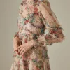 Elegant Lace Lantern Sleeve Mesh Print Cascading Ruffle Vacation Ball Gown Dresses - Image 4