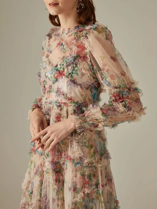 Elegant Lace Lantern Sleeve Mesh Print Cascading Ruffle Vacation Ball Gown Dresses - Image 4