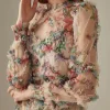 Elegant Lace Lantern Sleeve Mesh Print Cascading Ruffle Vacation Ball Gown Dresses - Image 5