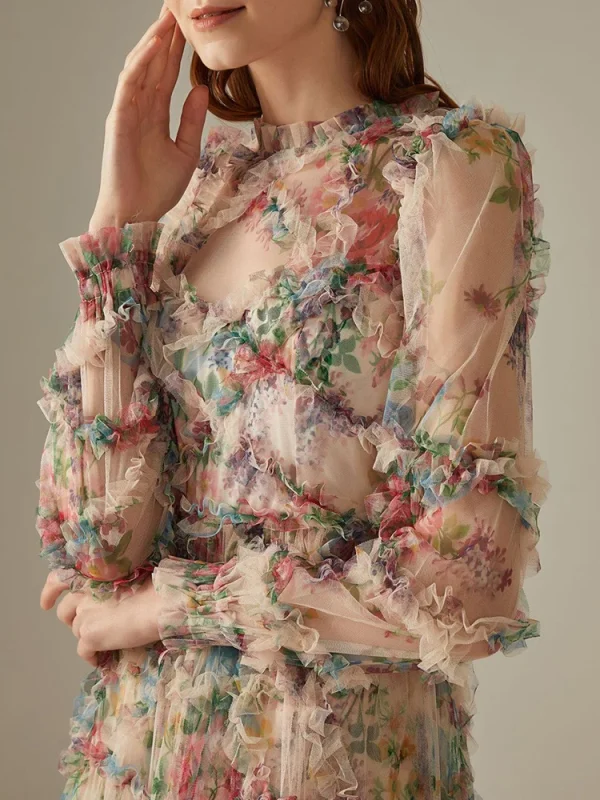 Elegant Lace Lantern Sleeve Mesh Print Cascading Ruffle Vacation Ball Gown Dresses - Image 5