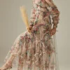 Elegant Lace Lantern Sleeve Mesh Print Cascading Ruffle Vacation Ball Gown Dresses - Image 6