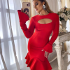 Elegant  Ruffles Bandage Long Flare Sleeve Hollow Out Bodycon Mini Dress - Image 3