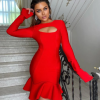 Elegant  Ruffles Bandage Long Flare Sleeve Hollow Out Bodycon Mini Dress