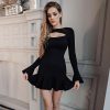 Elegant  Ruffles Bandage Long Flare Sleeve Hollow Out Bodycon Mini Dress - Image 6