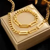Elegant Stainless Steel Gold Geometric Chain Necklace Bracelets Set - Image 3