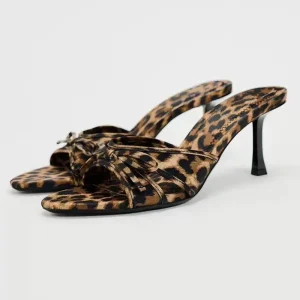 Leopard Print High Quality Pointed toe Bow Knot High Heel Slippers