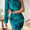 Simple Tie Dye One Shoulder Ruched Bodycon High Stretch Mini Dress - Image 5
