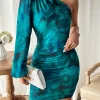 Simple Tie Dye One Shoulder Ruched Bodycon High Stretch Mini Dress - Image 4