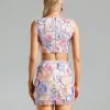 Spliced Appliques O Neck Top High Waist Patchwork Zipper Skirt Two Piece Set - Image 3