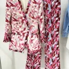Trendy Double Breasted Sleeve Feather Printed Blazer Flare Pants Designer Suit Set - Image 2