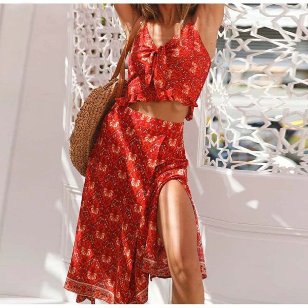 V Neck Split Two-Piece Casual Elastic Boho Beach Dress - Image 4