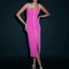 Beading Spaghetti Strap Sleeveless Button Design Evening Party Bodycon Midi Dresses - Image 2