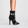 Crystal Microfiber Rivet Pointed Toe Zippers High Thin Heels Ankle Boots - Image 4