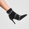 Crystal Microfiber Rivet Pointed Toe Zippers High Thin Heels Ankle Boots - Image 2