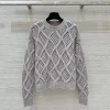Diamond plaid hollow crochet jacquard round neck knitted wool cashmere loose cotton sweater tops - Image 3