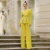 Diamonds Beaded Notched button fly Slit Blazer Runway HIGH STREET Straight Pants Suit Set