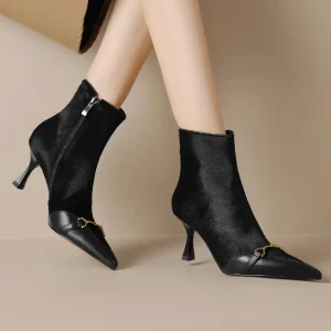 Elegant back zip pointed toe high quality short thin high heel ankle boots