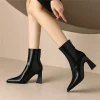 Genuine Leather Pointed Toe Zippers Solid Color Thick Heels Ankle Boots - Image 7