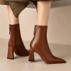 Genuine Leather Pointed Toe Zippers Solid Color Thick Heels Ankle Boots - Image 5