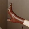 Genuine Leather Pointed Toe Zippers Solid Color Thick Heels Ankle Boots - Image 4