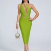 Hollow Out Diamonds One Shoulder Mesh Patchwork Evening Party Bodycon Bandage Midi Dress - Image 2