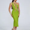 Hollow Out Diamonds One Shoulder Mesh Patchwork Evening Party Bodycon Bandage Midi Dress - Image 3