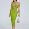 Hollow Out Diamonds One Shoulder Mesh Patchwork Evening Party Bodycon Bandage Midi Dress - Image 4