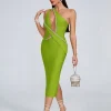 Hollow Out Diamonds One Shoulder Mesh Patchwork Evening Party Bodycon Bandage Midi Dress - Image 5
