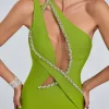 Hollow Out Diamonds One Shoulder Mesh Patchwork Evening Party Bodycon Bandage Midi Dress - Image 6