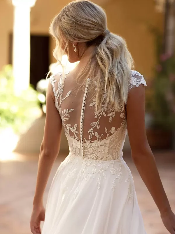 Lace Cut Out A-Line Floor-Length Functional Buttons Short Sleeves V-Neck Wedding Dress - Image 3