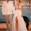 Lace Cut Out A-Line With Train Backless Short Sleeves V-Neck Wedding Dress - Image 2