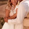 Lace Cut Out A-Line With Train Backless Short Sleeves V-Neck Wedding Dress - Image 6