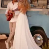 Lace Cut Out A-Line With Train Backless Short Sleeves V-Neck Wedding Dress - Image 3