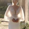 Lace V-Neck Long Sleeves Sheath Natural Waist Stretch Crepe Short Bridal Short Wedding Dress - Image 2
