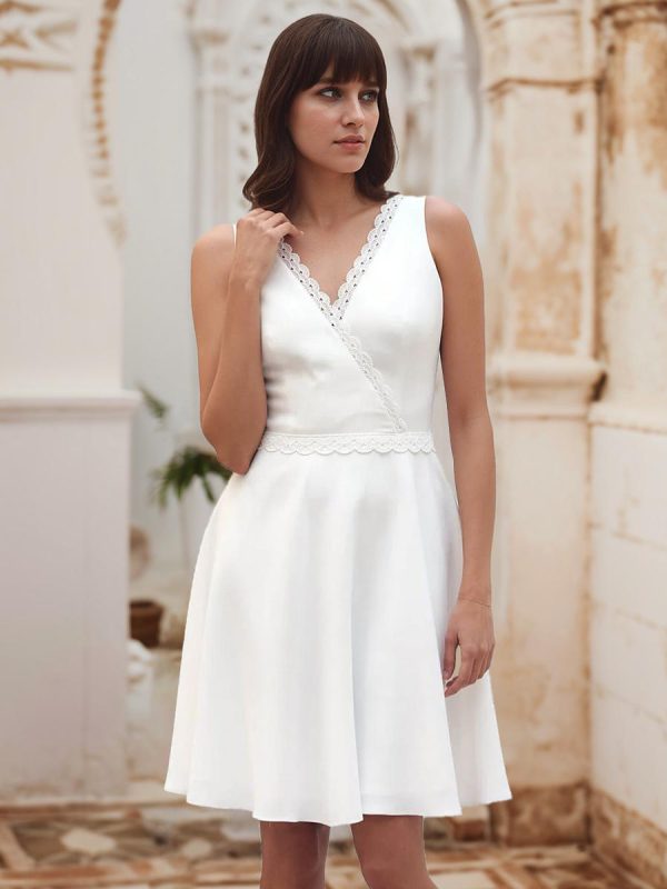 Lace V-Neck Sleeveless Natural Waist Satin Fabric Knee-Length Bridal Wedding Dress - Image 2