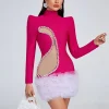 Mesh Patchwork Diamonds Long Sleeve Tierred Evening Party Bodycon Mini Bandage Dresses - Image 3