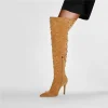 Metal Rivet Microfiber SLIP-ON Pointed Toe Super High Thin Heels Over The Knee Boots