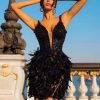 Pearl Beading Feathers Sleeveless V-Neck Nightclub Party Bodycon Mini Dress