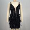 Pearl Beading Feathers Sleeveless V-Neck Nightclub Party Bodycon Mini Dress - Image 2
