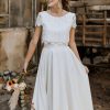 Stretch Crepe Lace Jewel Neck A-Line Sweep Short Sleeves Bridal Two-piece Wedding Dress - Image 2