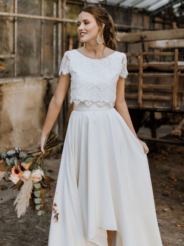 Stretch Crepe Lace Jewel Neck A-Line Sweep Short Sleeves Bridal Two-piece Wedding Dress - Image 2