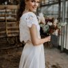 Stretch Crepe Lace Jewel Neck A-Line Sweep Short Sleeves Bridal Two-piece Wedding Dress - Image 3