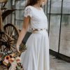 Stretch Crepe Lace Jewel Neck A-Line Sweep Short Sleeves Bridal Two-piece Wedding Dress - Image 4