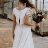 Stretch Crepe Lace Jewel Neck A-Line Sweep Short Sleeves Bridal Two-piece Wedding Dress - Image 5