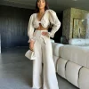Two Piece Set Solid Long Sleeve Elegant And Vintage Short Top Wide Leg Pants Suit - Image 12