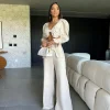 Two Piece Set Solid Long Sleeve Elegant And Vintage Short Top Wide Leg Pants Suit - Image 11