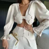 Two Piece Set Solid Long Sleeve Elegant And Vintage Short Top Wide Leg Pants Suit - Image 10