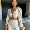 Two Piece Set Solid Long Sleeve Elegant And Vintage Short Top Wide Leg Pants Suit - Image 9