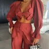Two Piece Set Solid Long Sleeve Elegant And Vintage Short Top Wide Leg Pants Suit - Image 3