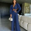 Two Piece Set Solid Long Sleeve Elegant And Vintage Short Top Wide Leg Pants Suit - Image 8